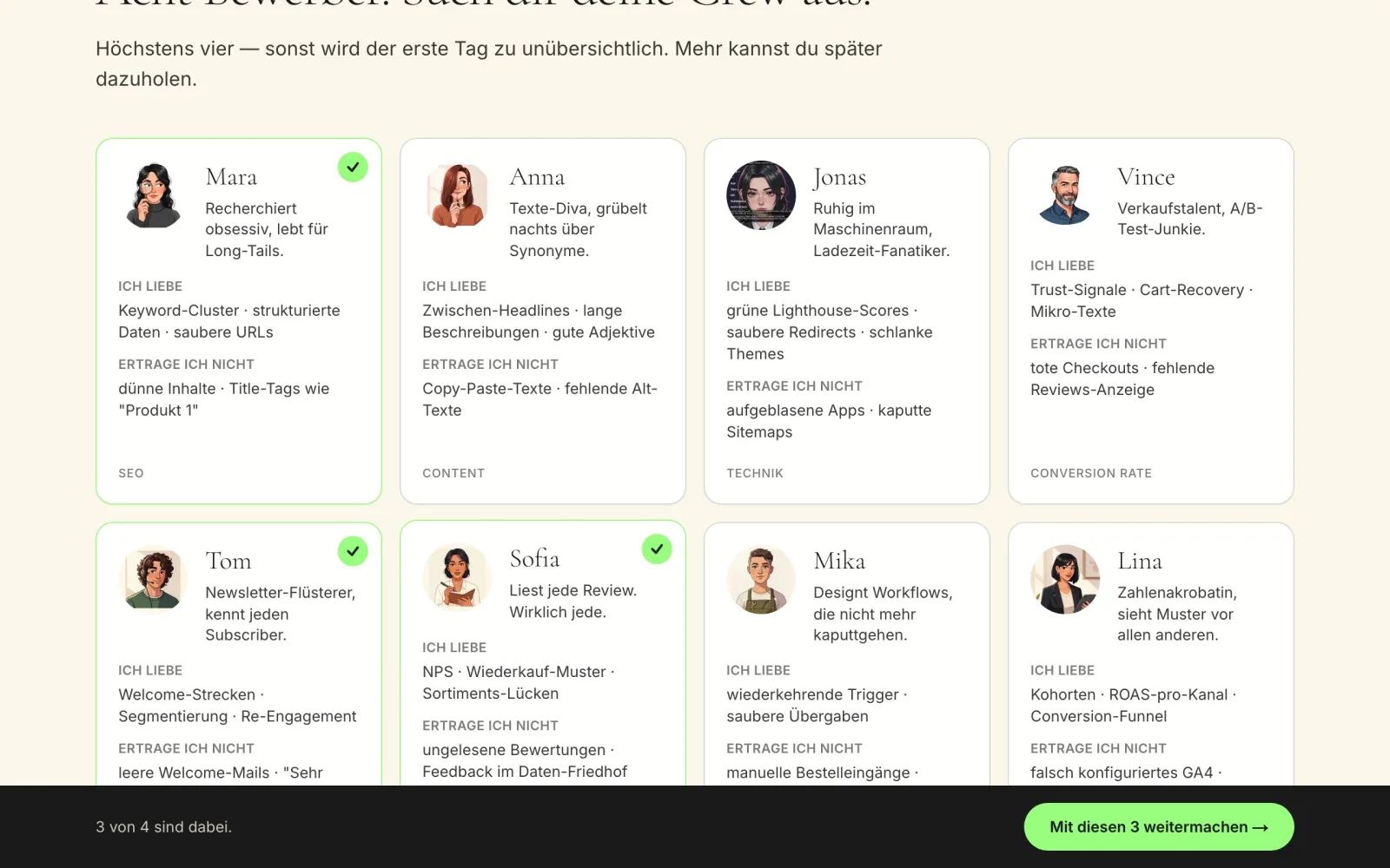 KI-Konfigurator Bewerber-Galerie — acht Mitarbeiter zur Auswahl
