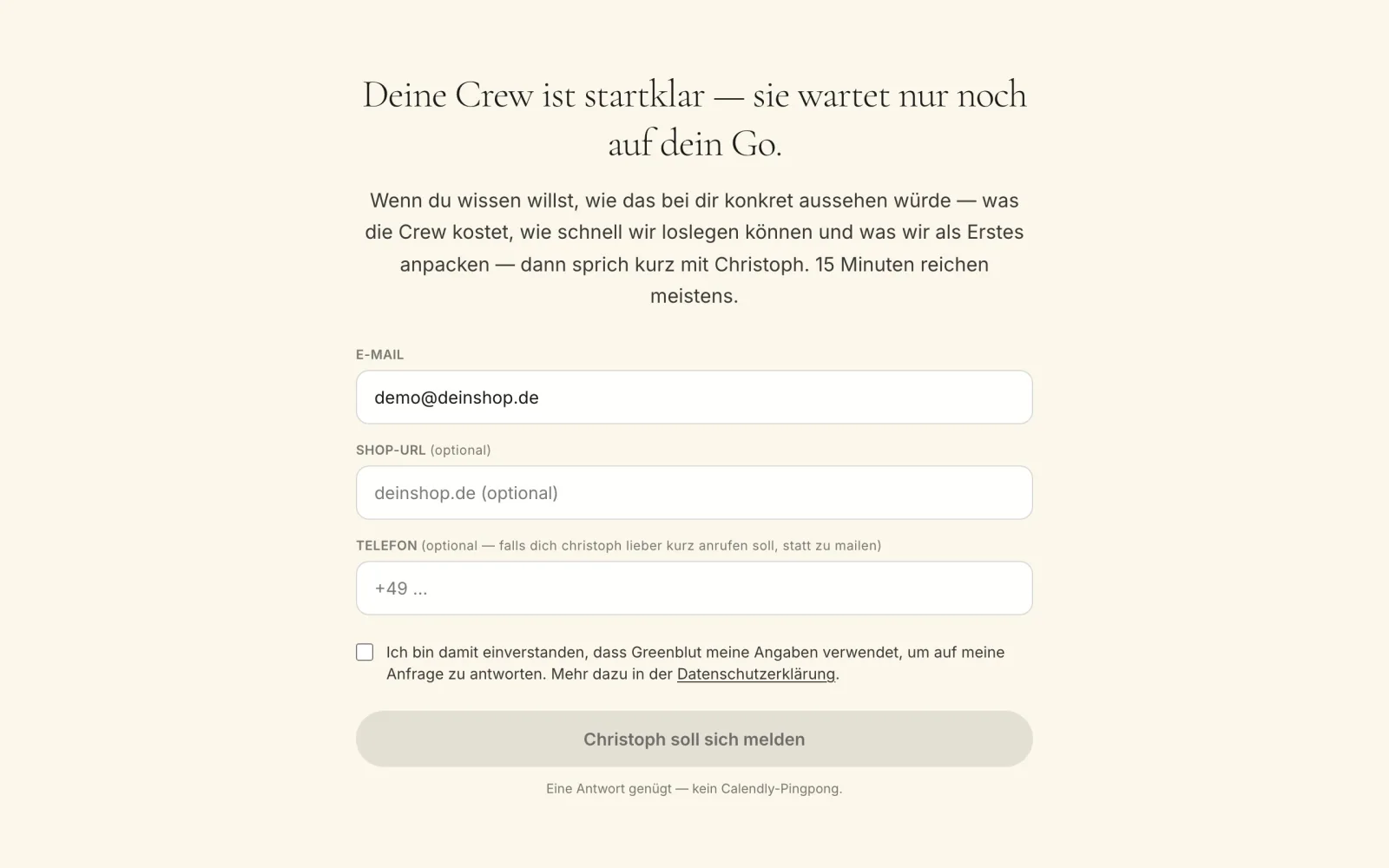 KI-Konfigurator Übergabe — kurzes Formular für Sales-Call